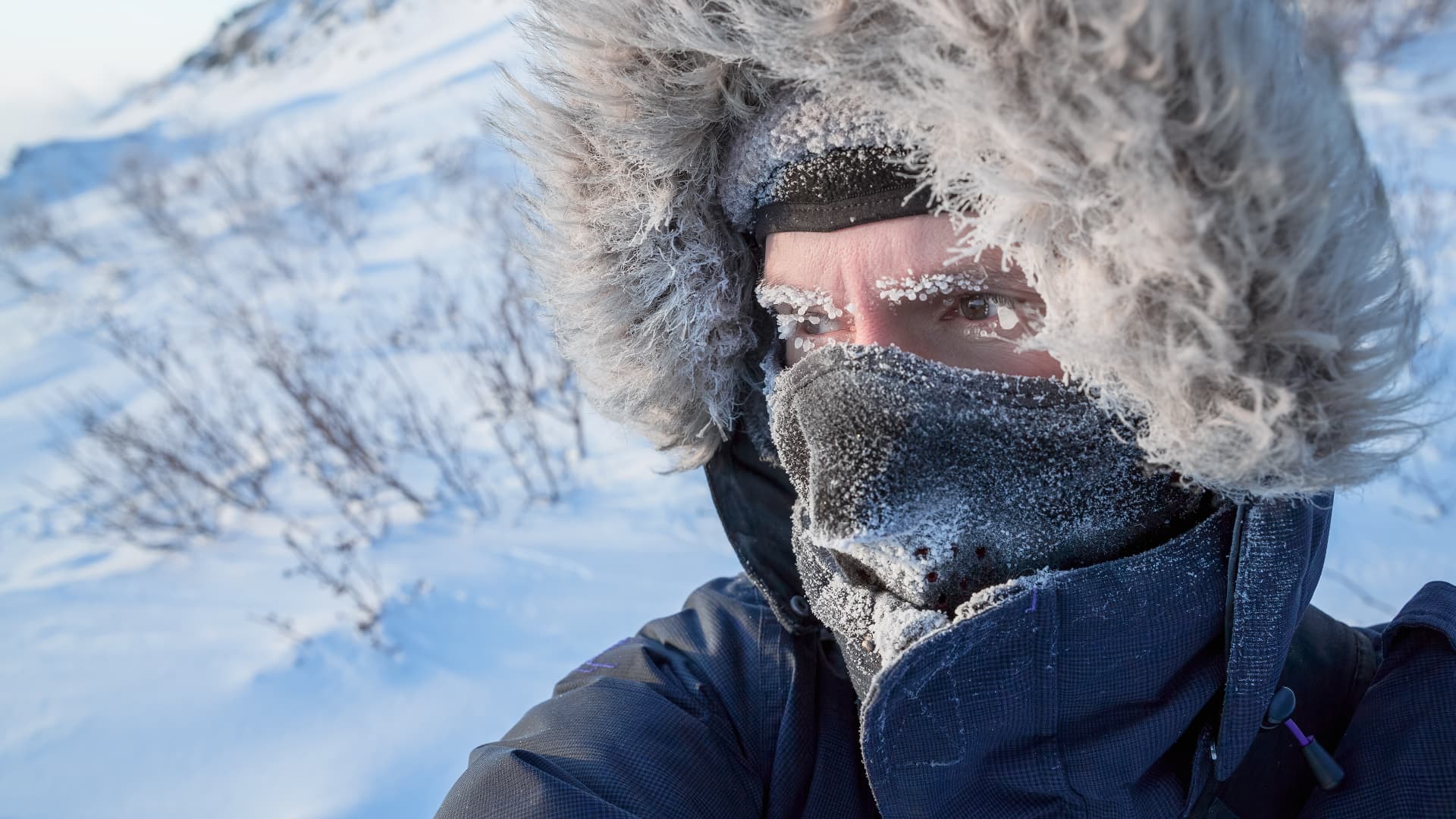Aurora traveler warmly dressed in a frost-covered hood and face covering