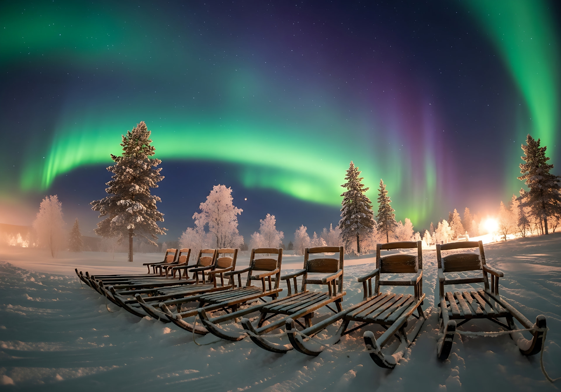 Northern Lights above sleds in a snowy landscape near Tromsø