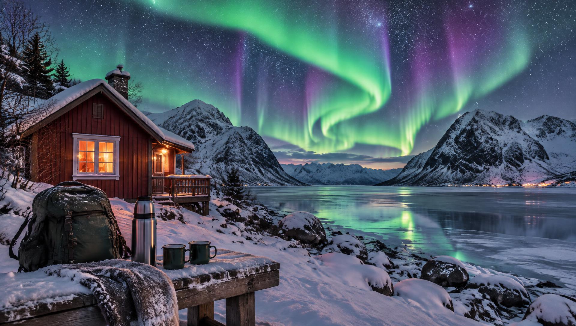 Northern Lights above a small snowy cabin in the Arctic