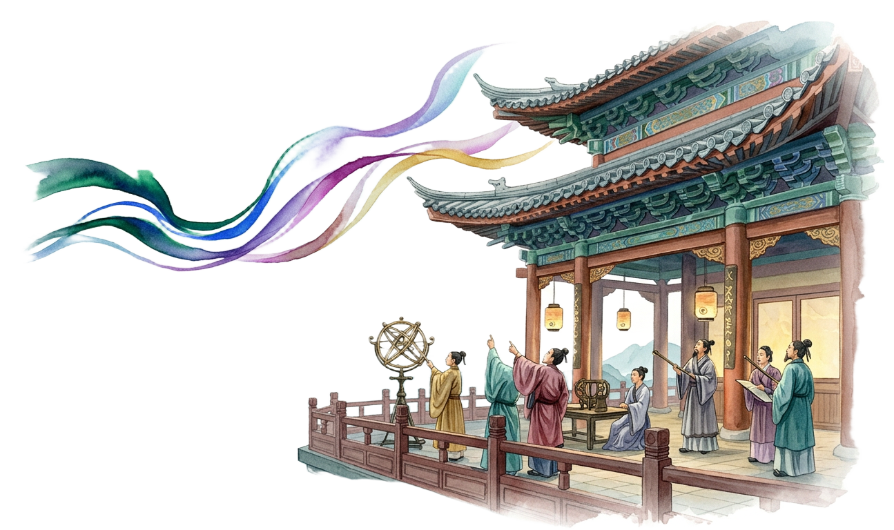 Imagined Chinese observers watching five-coloured auroral ribbons