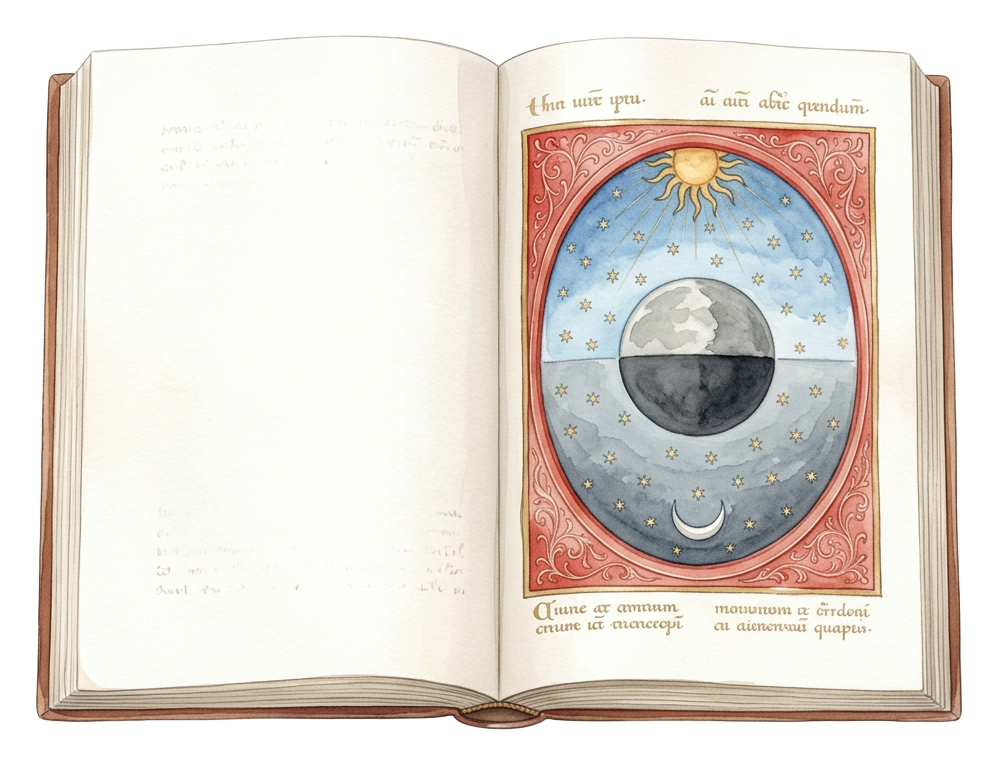 Open manuscript with a medieval-style illustration of the Sun, Moon and stars