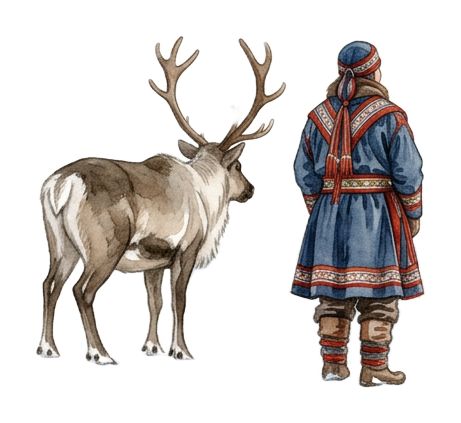 A Sámi person and a reindeer beneath green and purple aurora in a snowy landscape