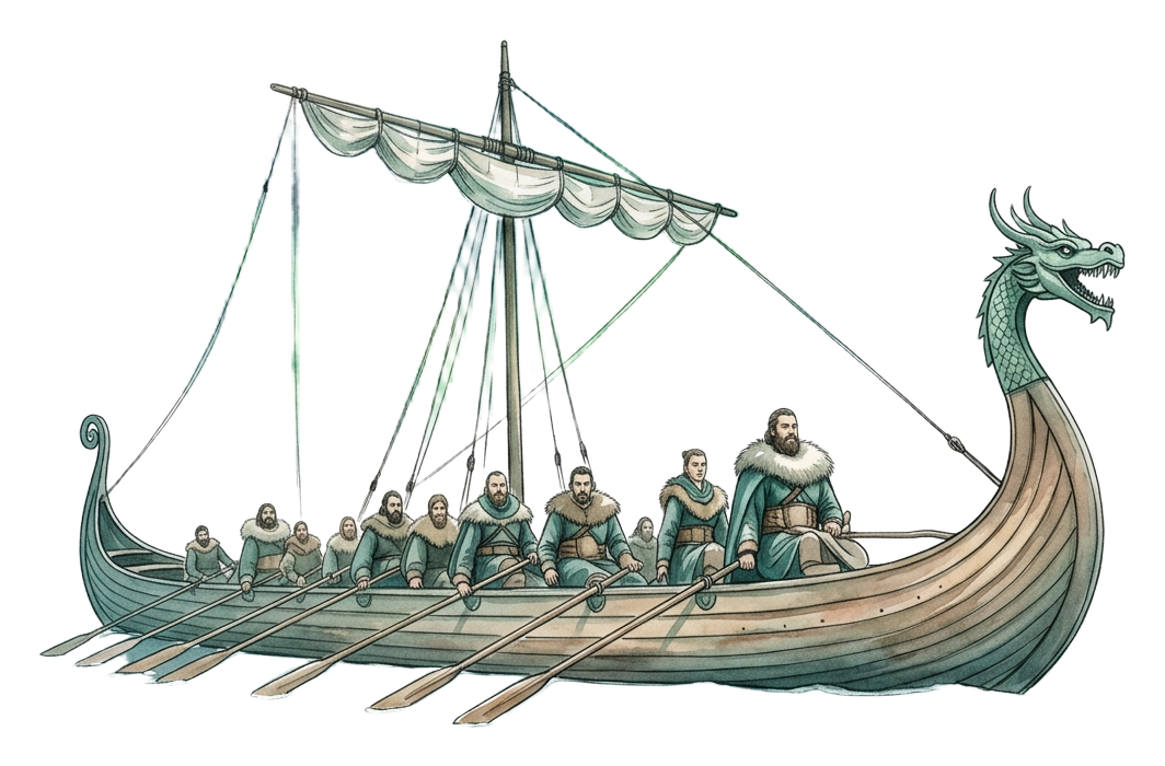 Watercolour interpretation of a Viking longship and its crew