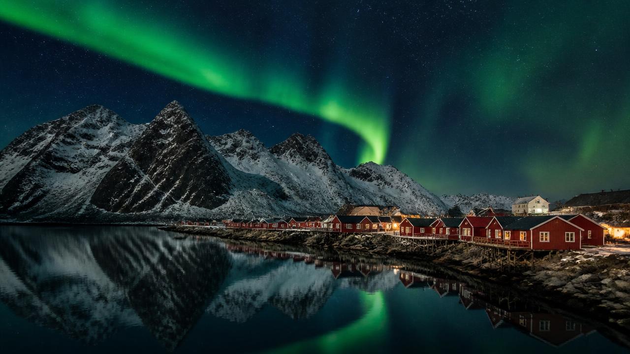 Northern lights landscape in Lofoten