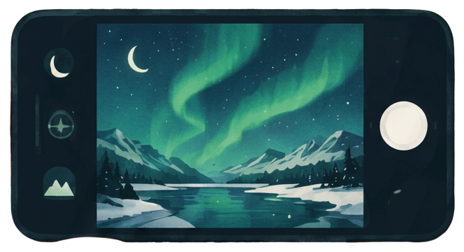 Night mode camera on a smartphone capturing the aurora