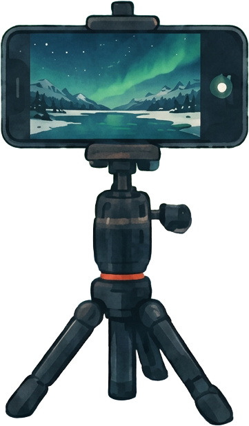 Smartphone held steady on a tripod beneath the Northern Lights
