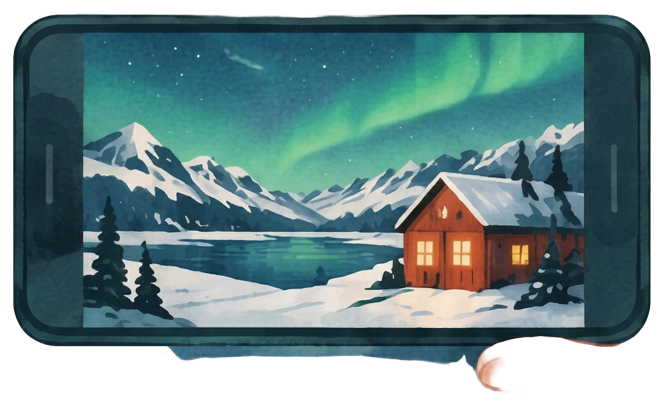 Wide aurora composition with mountains and a cabin