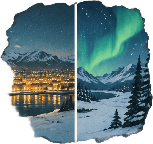 Town lights compared with a dark aurora viewing location