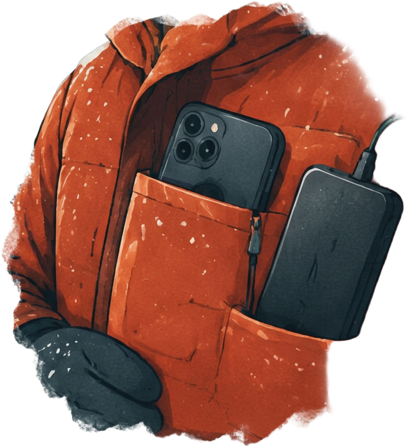 Phone kept inside a warm winter jacket beside a power bank