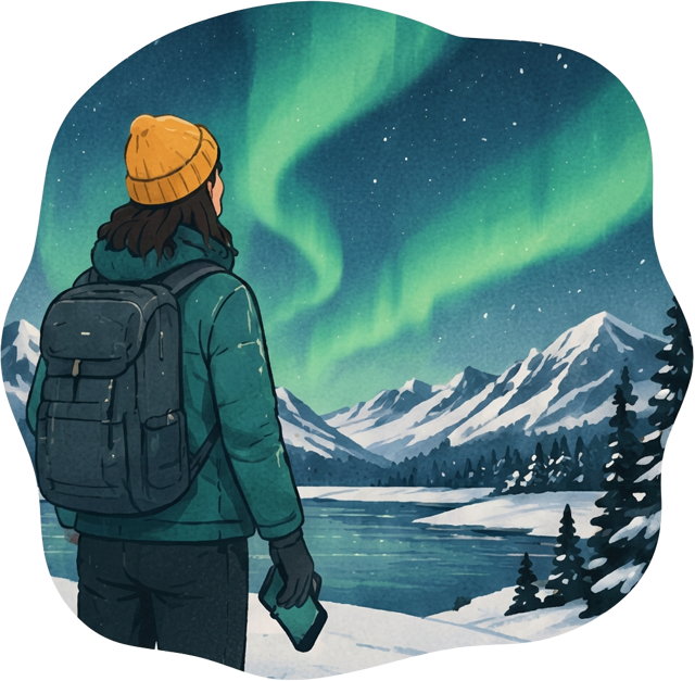 A traveller putting the phone away to enjoy the Northern Lights