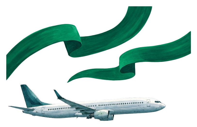 Passenger airplane beneath green aurora ribbons