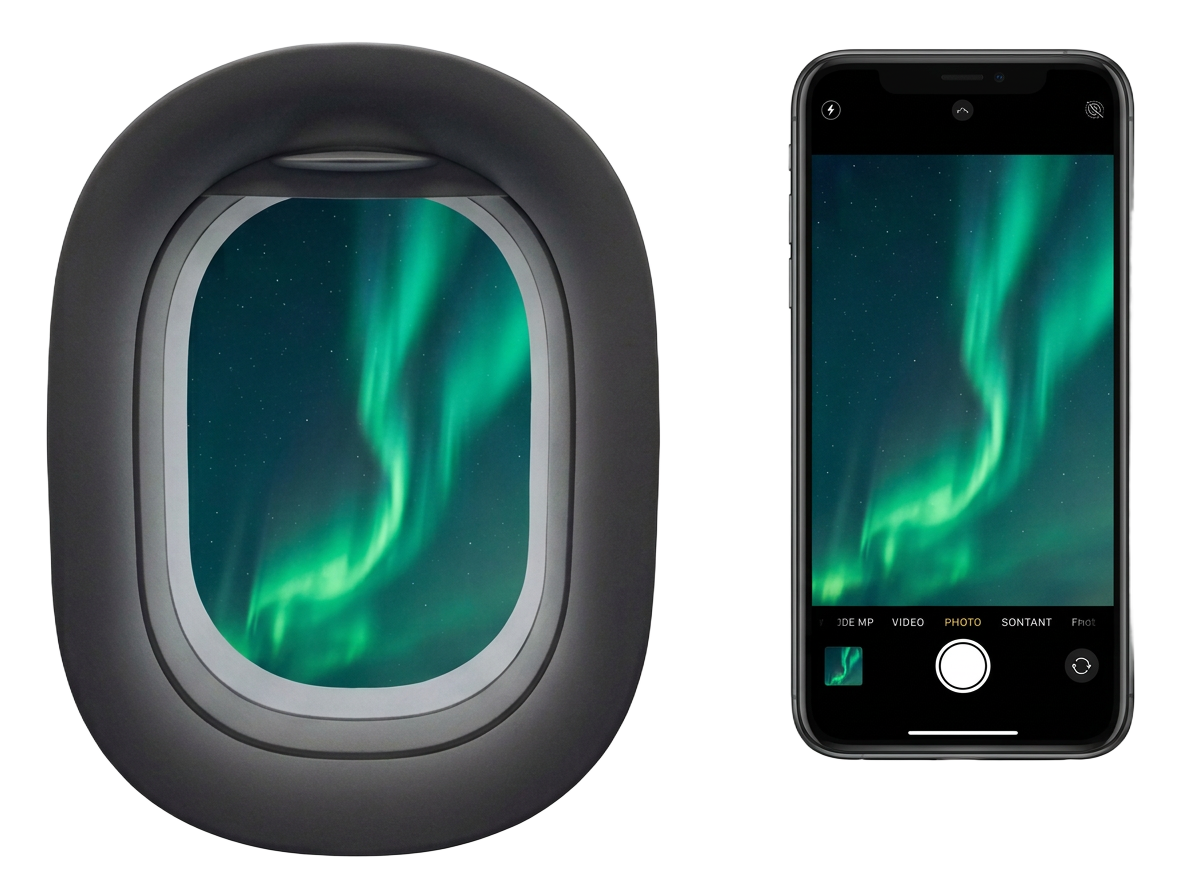 Intact airplane window and smartphone showing the Northern Lights